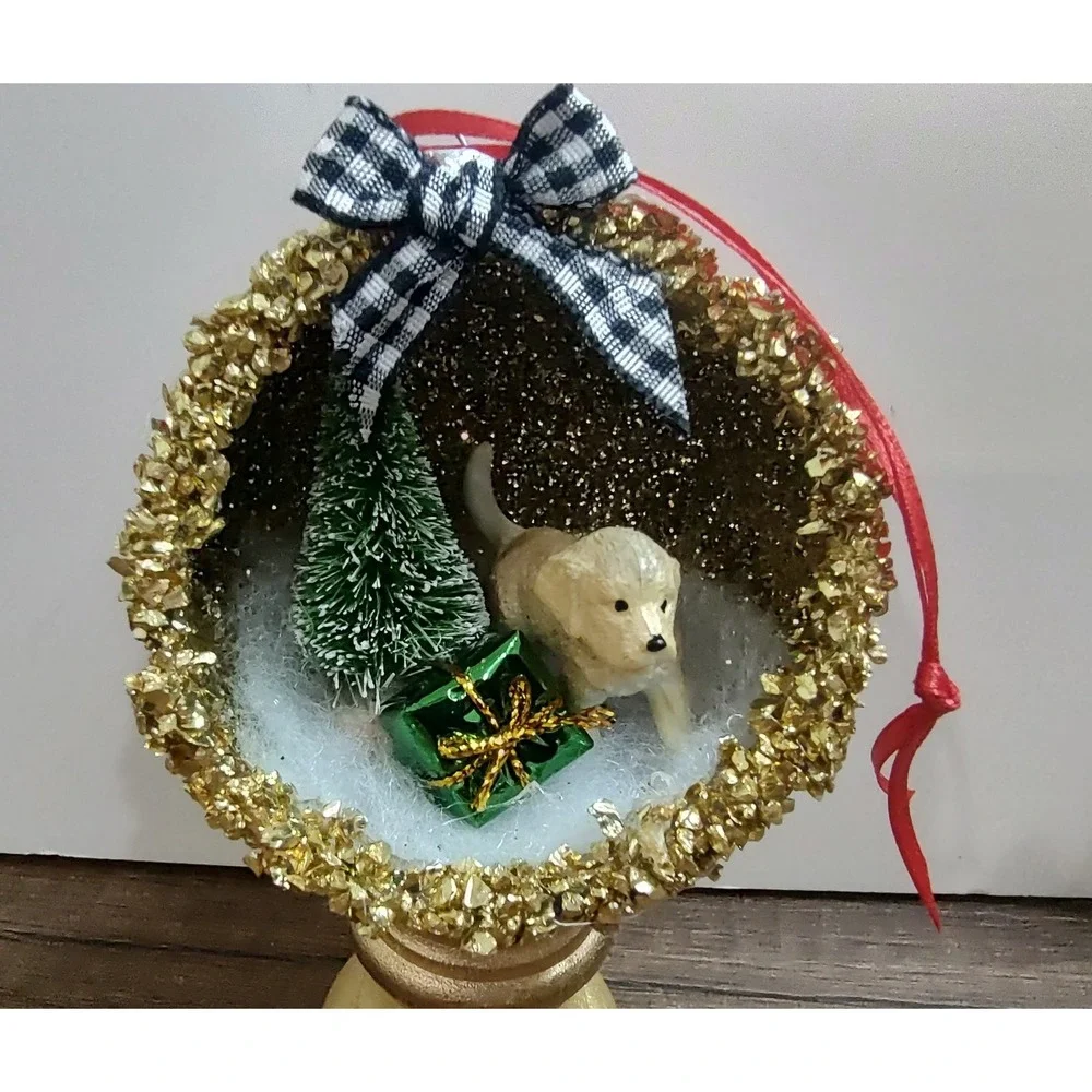 Dog Christmas Ornament Handmade Vtg Style OOAK Shatterproof Puppy Diorama O9